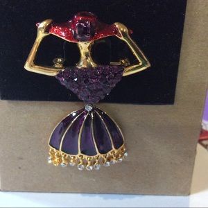 Purple dress red hat lady pin brooch Crystals